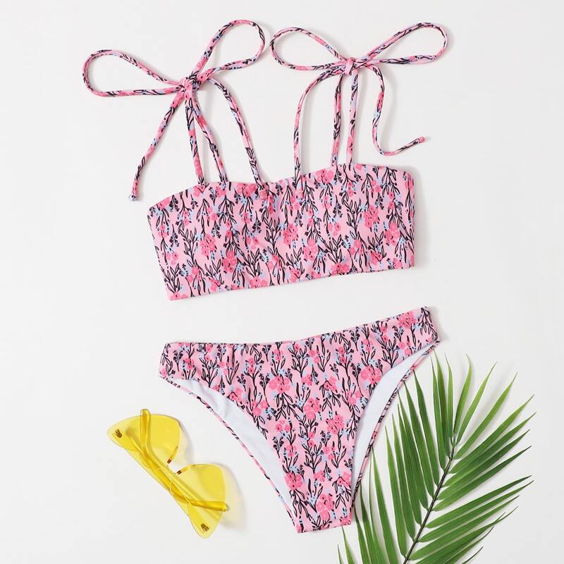 

Floral Print Tie Strap Bikini Swimsuit, Multicolor