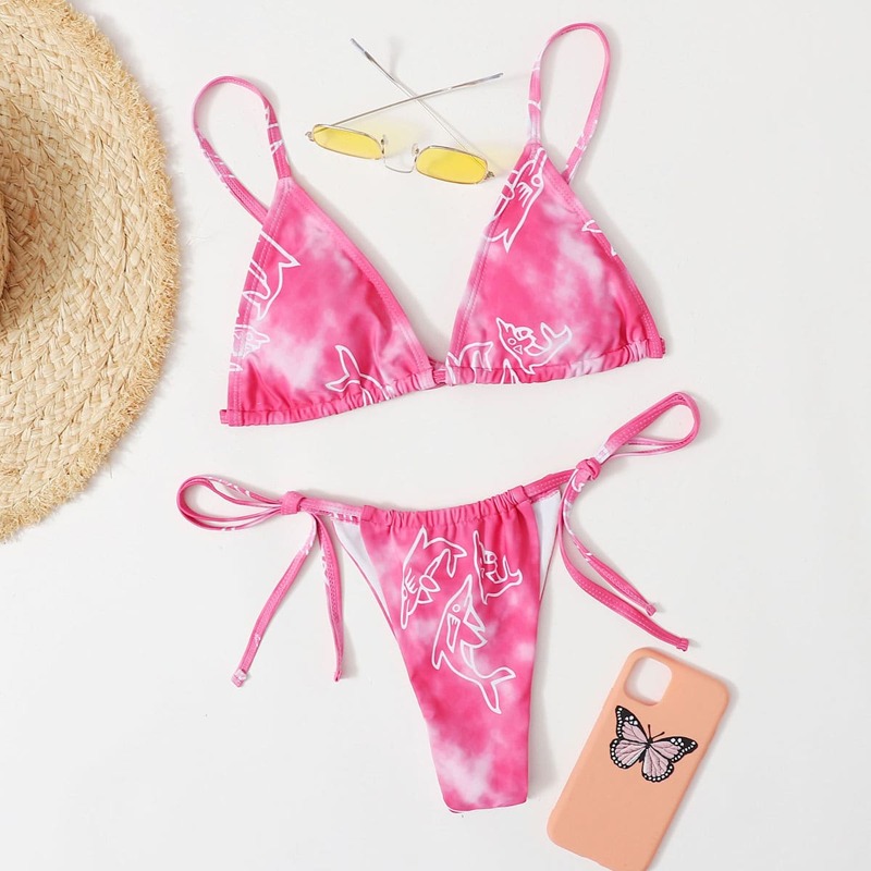 

Cartoon Tie Dye Tie Side Bikini Swimsuit, Pink