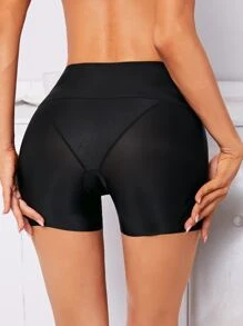 Women's High Stretch Black Plain Casual Long Shorts Shapewear Bottoms - Black - View 2