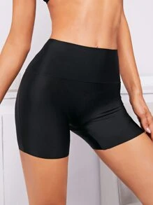 Women's High Stretch Black Plain Casual Long Shorts Shapewear Bottoms - Black - View 5