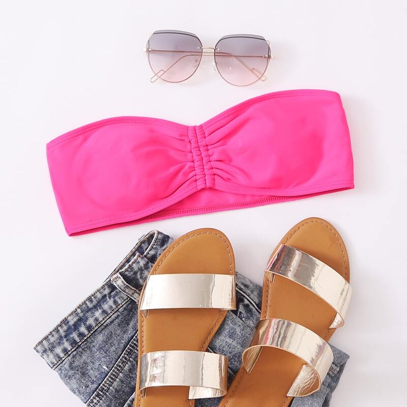 

Neon Pink Ruched Bandeau Bikini Top, Hot pink neon