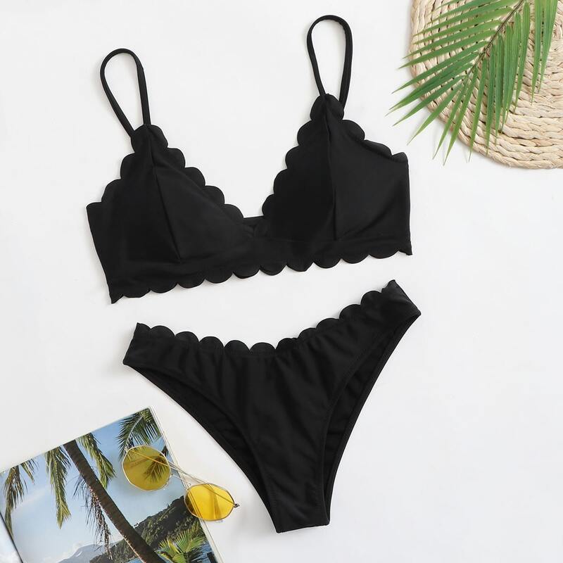 

Scallop Trim High Leg Bikini Swimsuit, Black