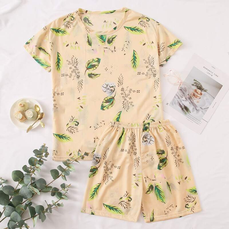 

Plants Shorts Pajama Set, Apricot pastel