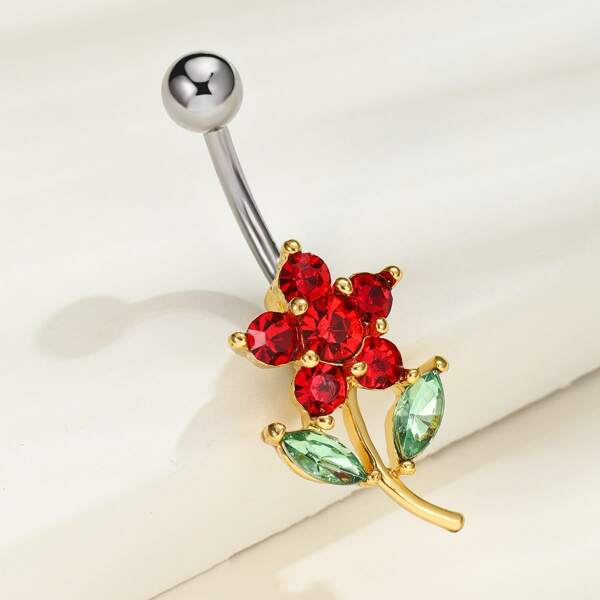 

Rhinestone Floral Decor Belly Ring, Red