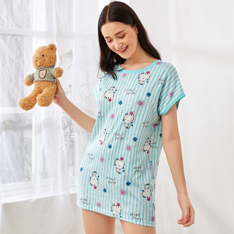 

Striped & Cat Night Tee Dress, Black and white