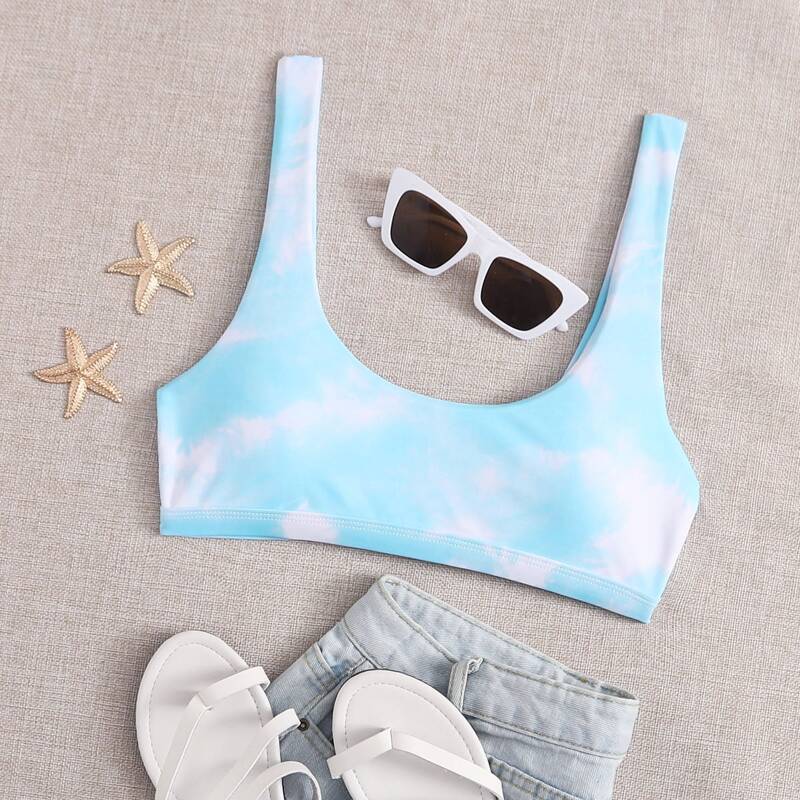 

Tie Dye Tank Bikini Top, Pastel blue and white