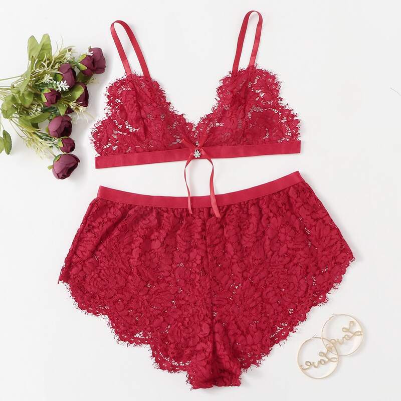 

Floral Lace Triangle Lingerie Set, Rose red