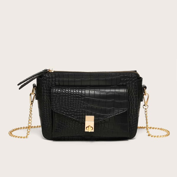 

Croc Embossed Chain Crossbody Bag, Black