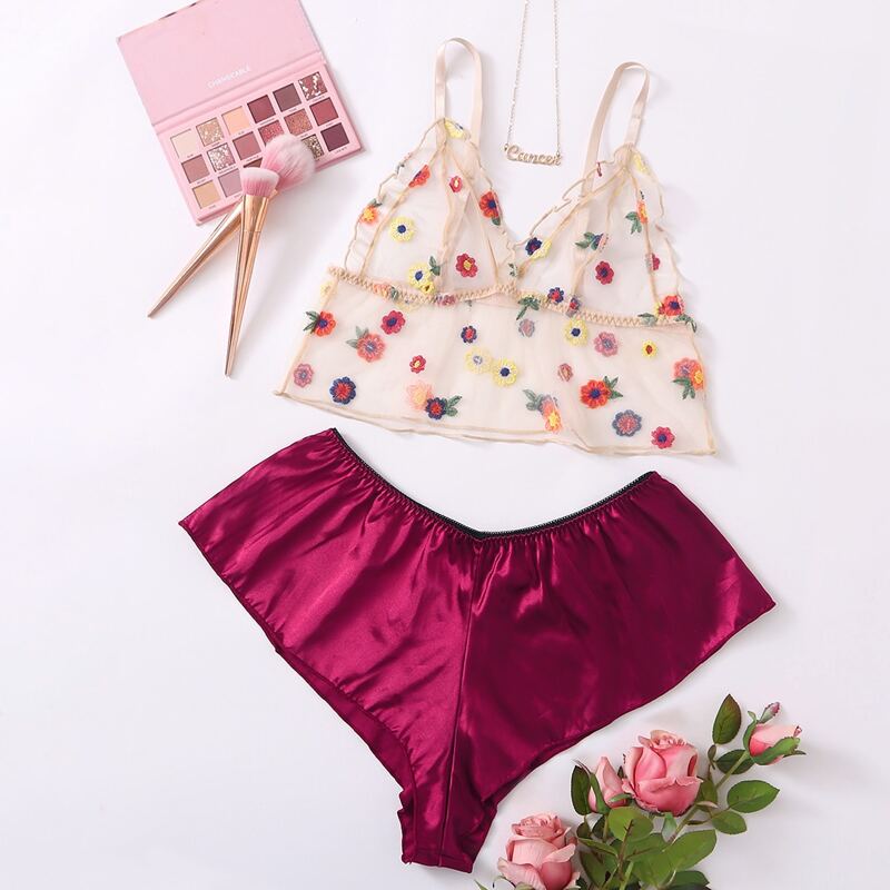 

Floral Embroidery Bra & Satin Shorts, Multicolor