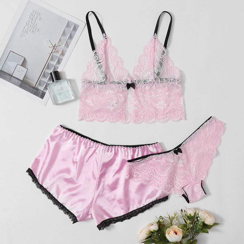 

Floral Lace Lingerie Set With Satin Shorts, Pastel baby pink