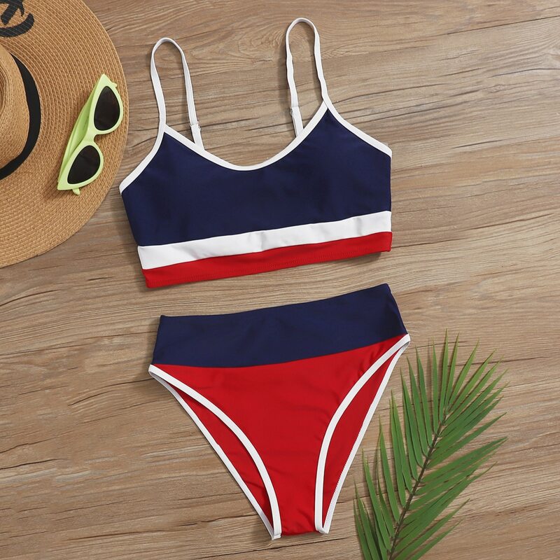 

Colorblock High Waist Cami Bikini Swimsuit, Multicolor
