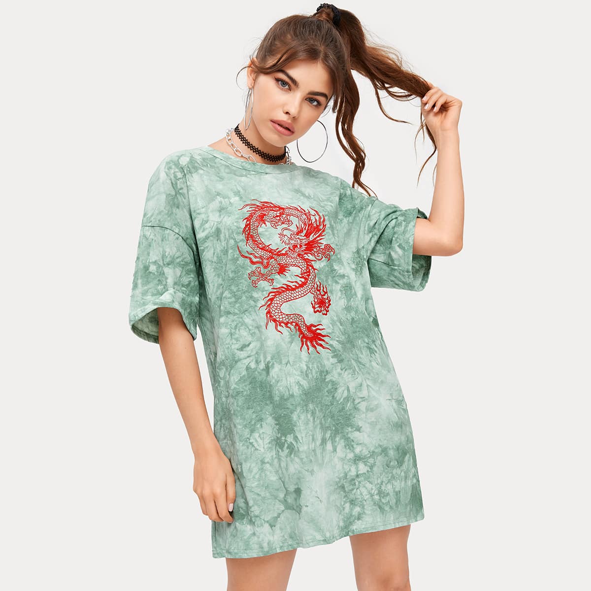 

Dragon Print Tie Dye Tee Dress, Mint green