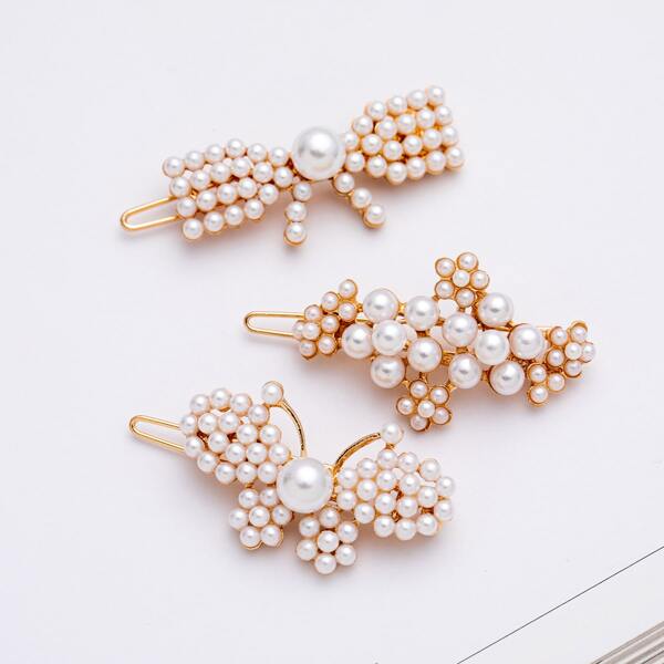 

3pcs Faux Pearl Beaded Hair Clip, Gold