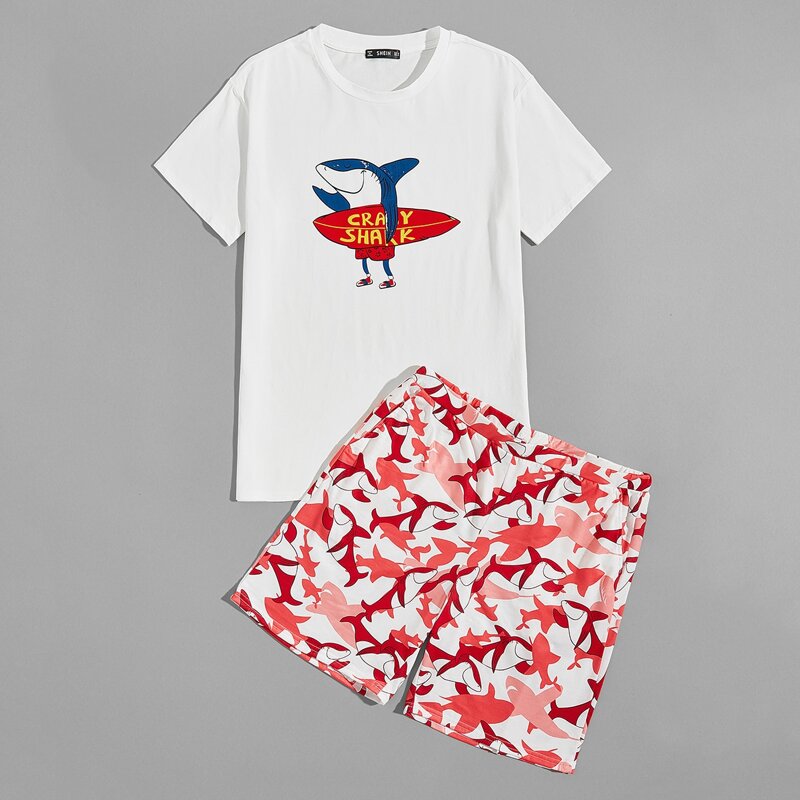 

Guys Drop Shoulder Cartoon Graphic Top & Shorts PJ Set, Multicolor