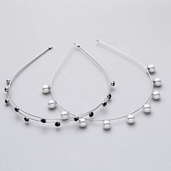 

2pcs Rhinestone Decor Skinny Hair Hoop, Silver