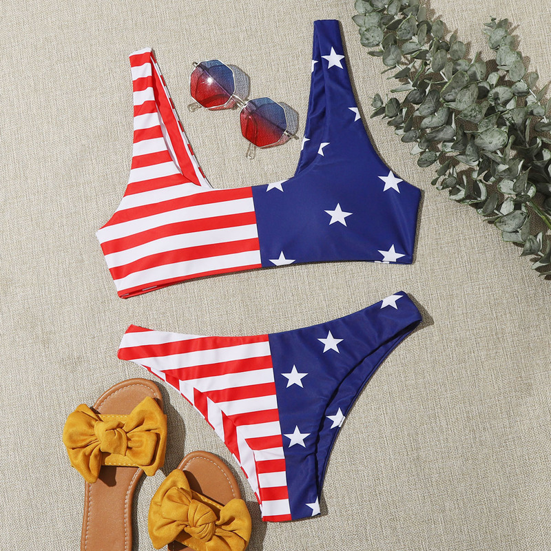 

American Flag Print Tank Bikini Swimsuit, Multicolor