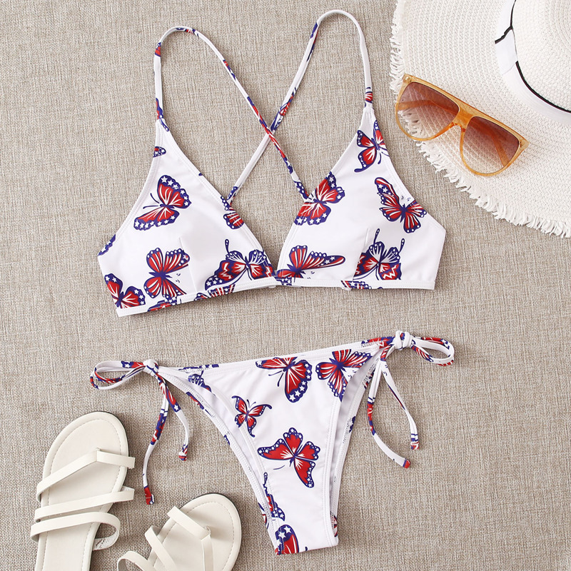 

Butterfly Print Tie Side Cami Bikini Swimsuit, Multicolor