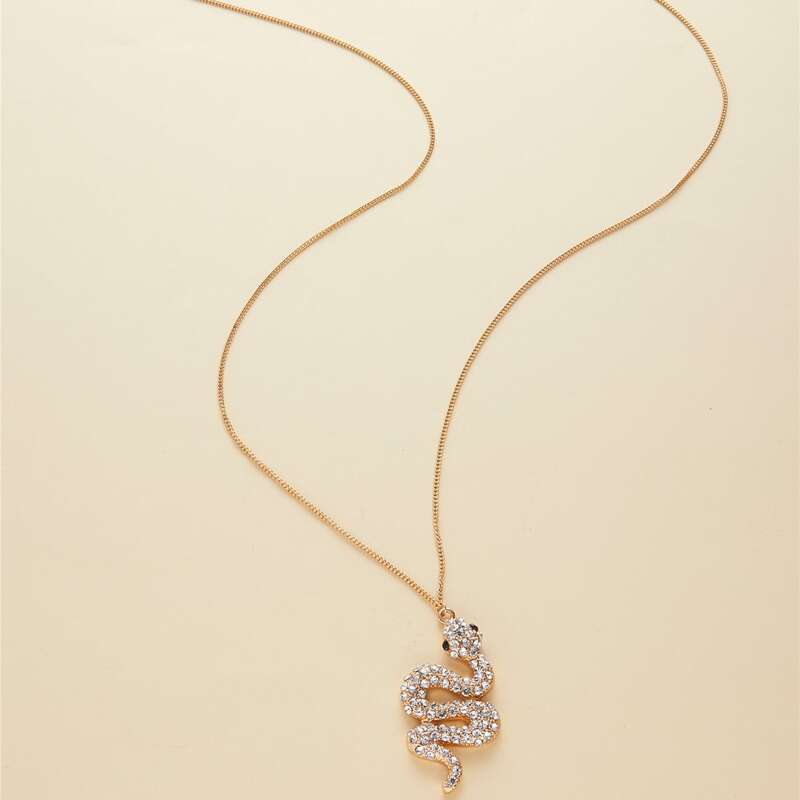 

Rhinestone Snake Charm Necklace, Gold