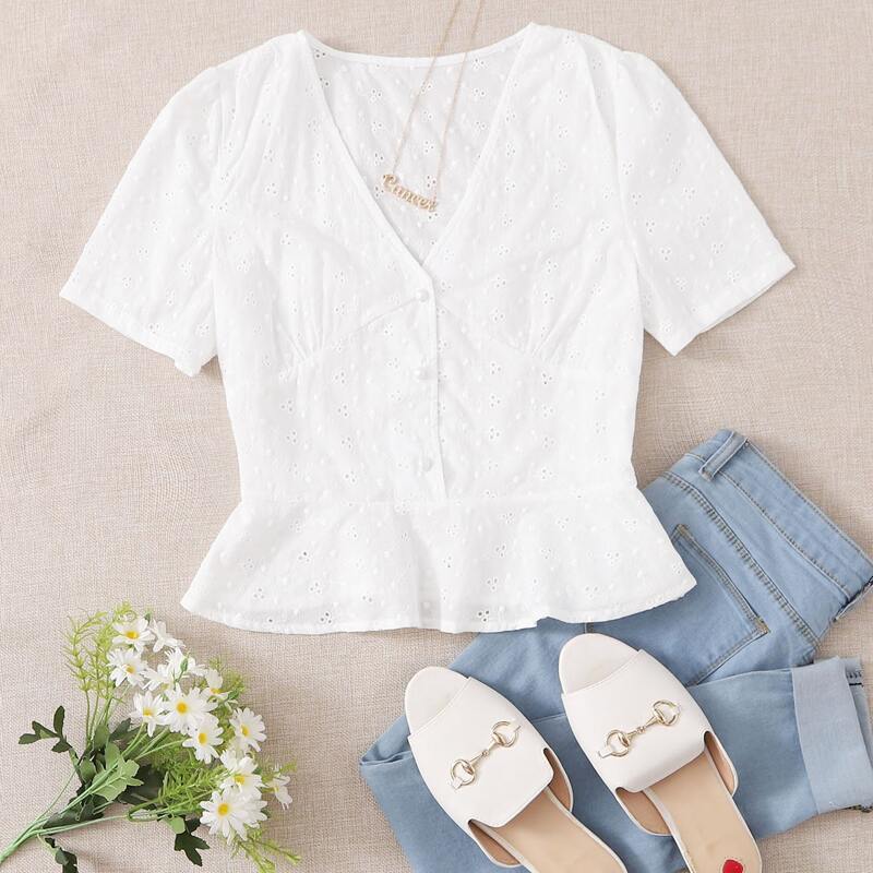

Button Front Schiffy Peplum Top, White