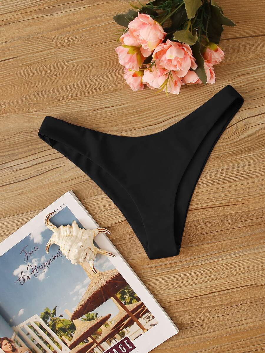 Swim Vcay Summer Beach Solid High Cut Bikini Panty - Black - View 1
