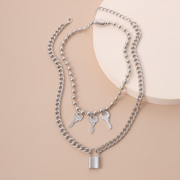 

2pcs Key Tassel Charm Necklace, Silver