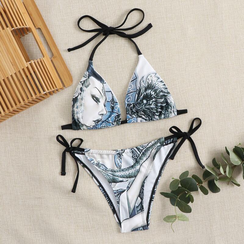 

Figure & Dragon Print Tie Side Bikini Swimsuit, Multicolor