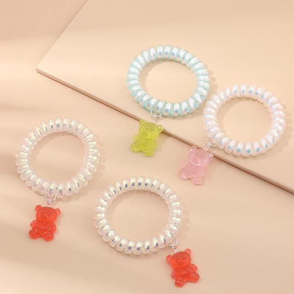 

4pcs Bear Charm Telephone Wire Hair Tie, Multicolor