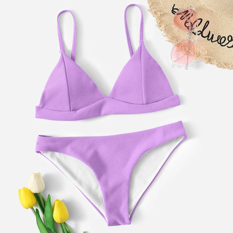 

Rib Seam Detail Triangle Bikini Swimsuit, Pastel lilac purple