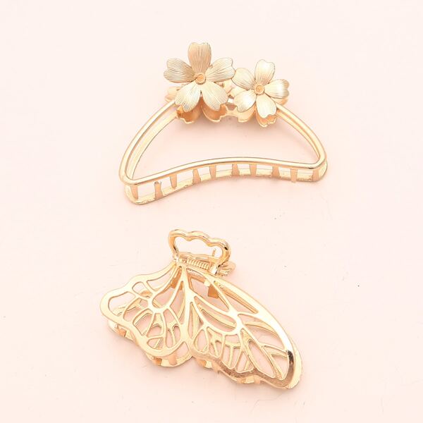 

2pcs Metal Flower Decor Hair Claw, Gold