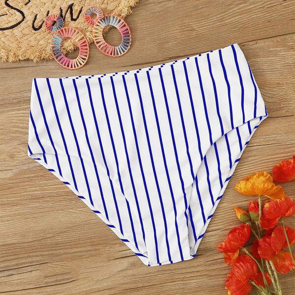 

Striped High Waisted Bikini Panty, Blue and white