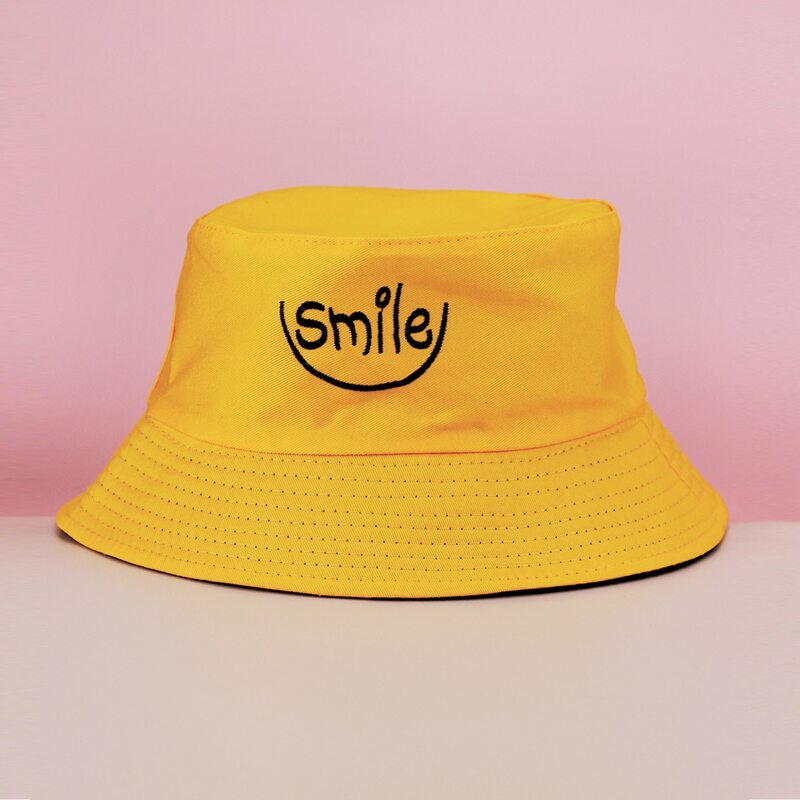 

Smile Graphic Reversible Bucket Hat, Yellow bright