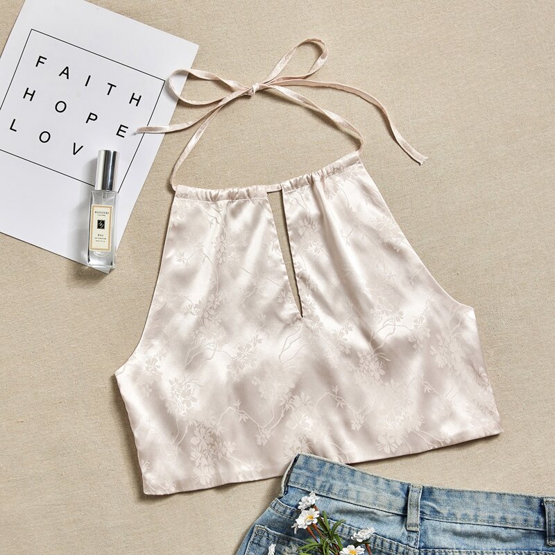 

Satin Jacquard Crop Halter Top, Beige