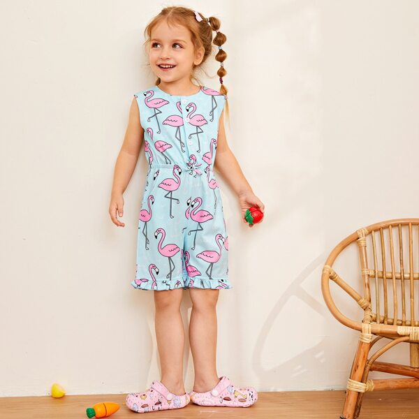 

Toddler Girls Flamingo Print Frill Hem Romper, Baby blue