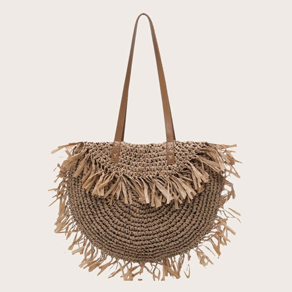 

Fringe Trim Woven Shoulder Bag, Brown