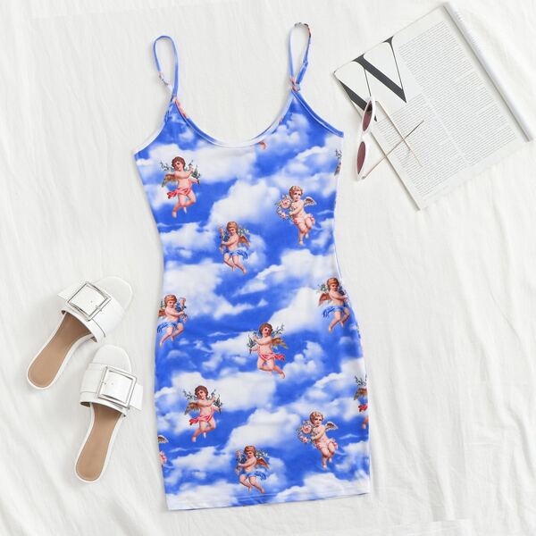 

Angel Print Tie Dye Slip Dress, Blue