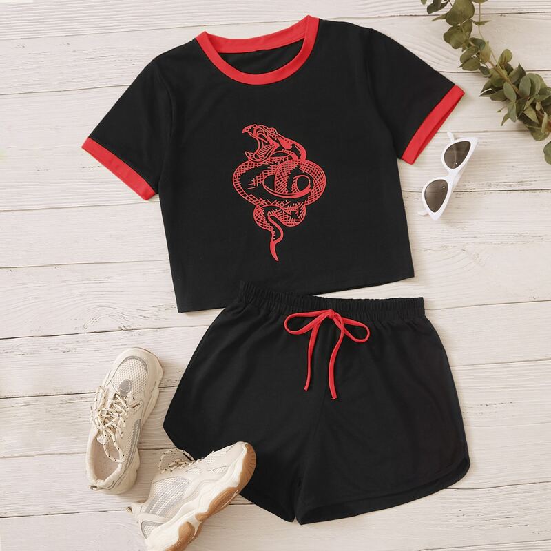

Snake Graphic Ringer Tee & Shorts, Black