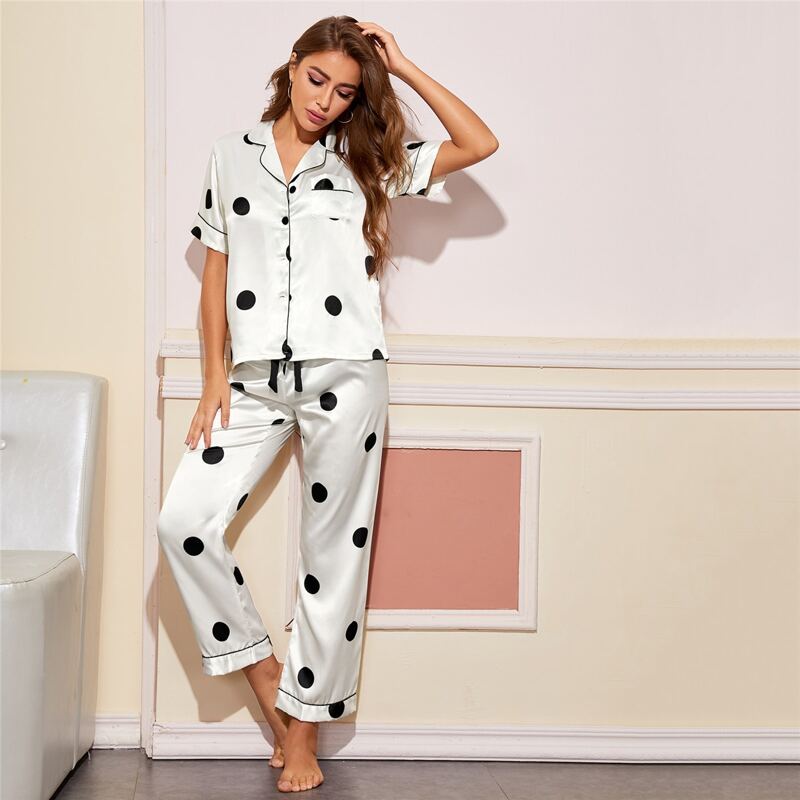

Satin Polka Dot Tie Front Night Set, Beige