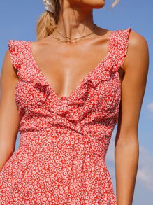 Crisscross Tie Backless Ruffle Detail Ditsy Floral Romper - Red - View 5
