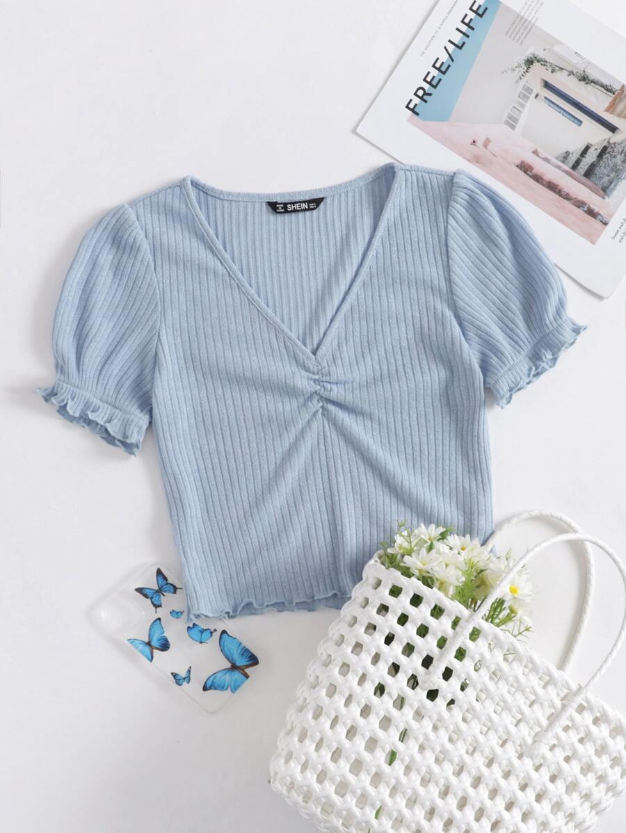 Muchica Top tejido de canalé con fruncido delantero ribete en forma de lechuga - Neblina azul - Ver 1