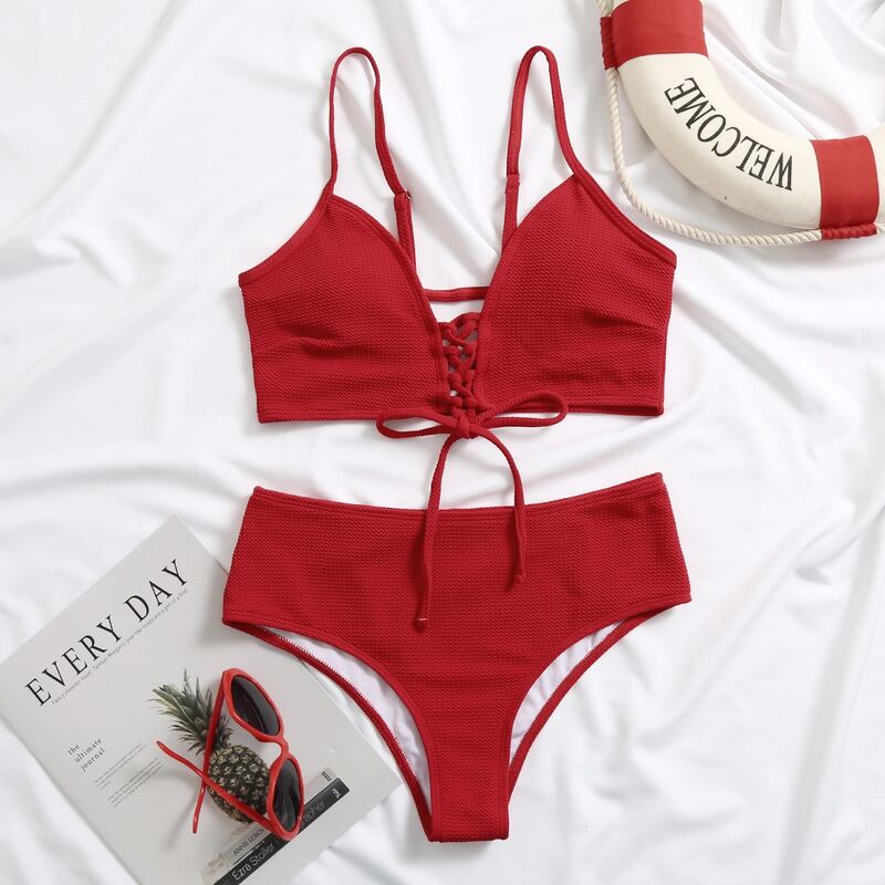 

Textured Lace-up Front Bikini Swimsuit, Red bright