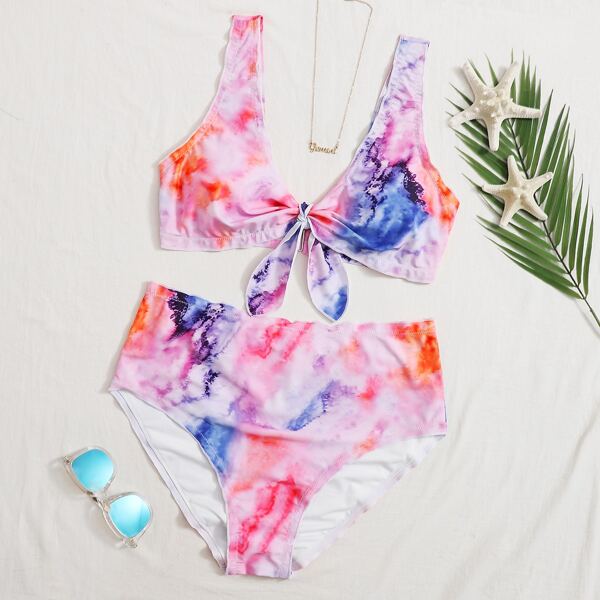 

Plus Tie Dye Knot Front Bikini Swimsuit, Multicolor