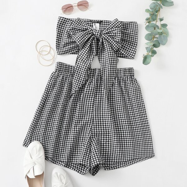 

Plus Buffalo Plaid Tie Front Tube Top & Shorts Set, Black and white