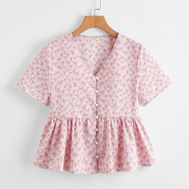 

Ditsy Floral Button Front Peplum Blouse, Baby pink