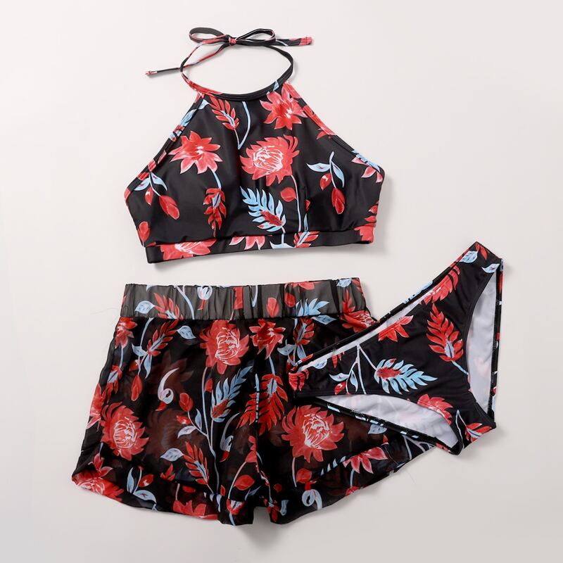 

3pack Floral Halter Co-ord Bikini Swimsuit, Multicolor