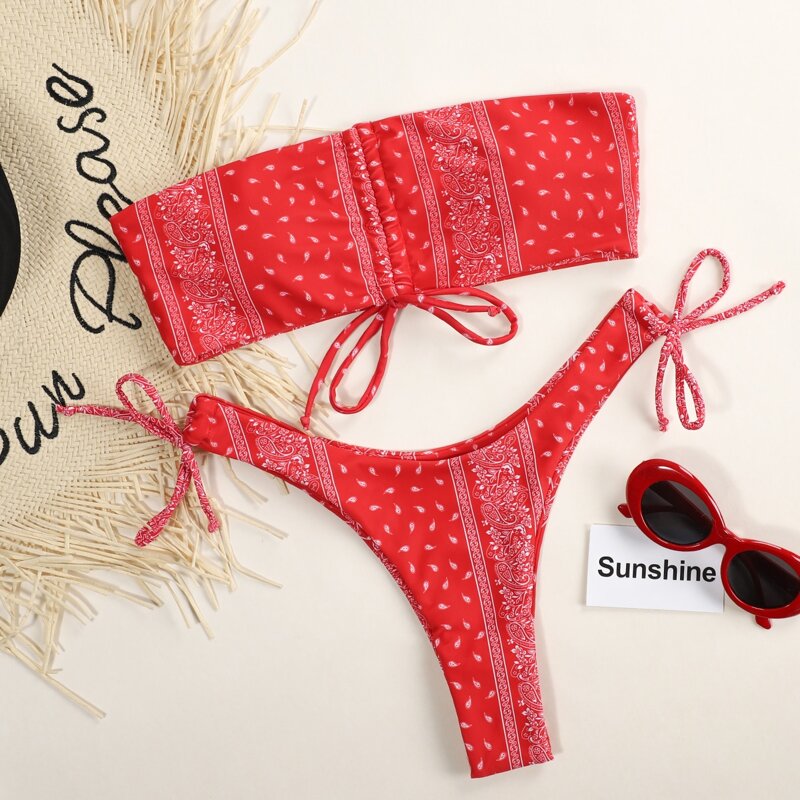 

Tribal Drawstring Bandeau High Cut Bikini Swimsuit, Red