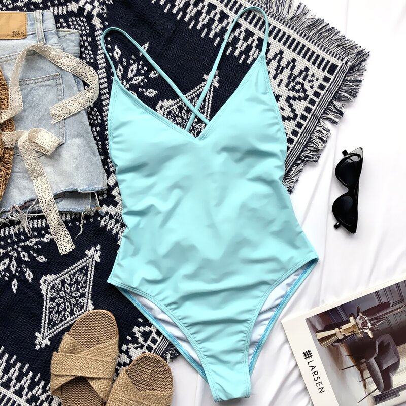 

Cross Back Ruched One Piece Swimsuit, Pastel baby blue