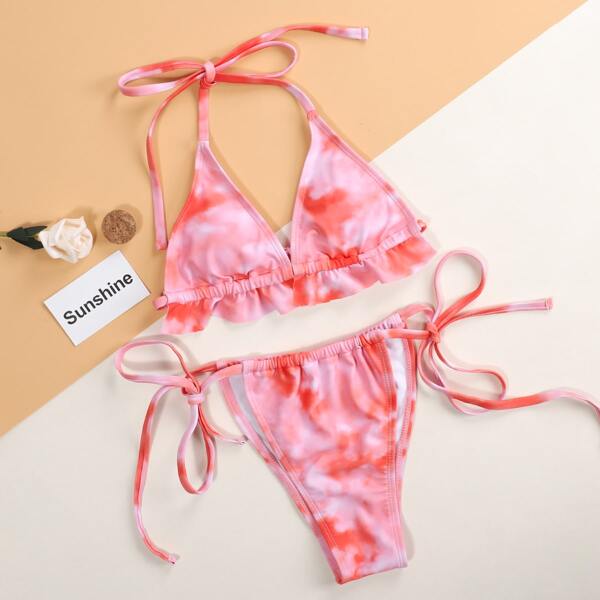 

Tie Dye Triangle Tie Side Bikini Swimsuit, Pink