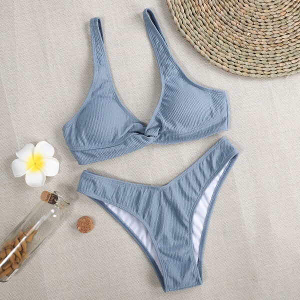 

Rib Twist High Cut Bikini Swimsuit, Pastel dusty blue