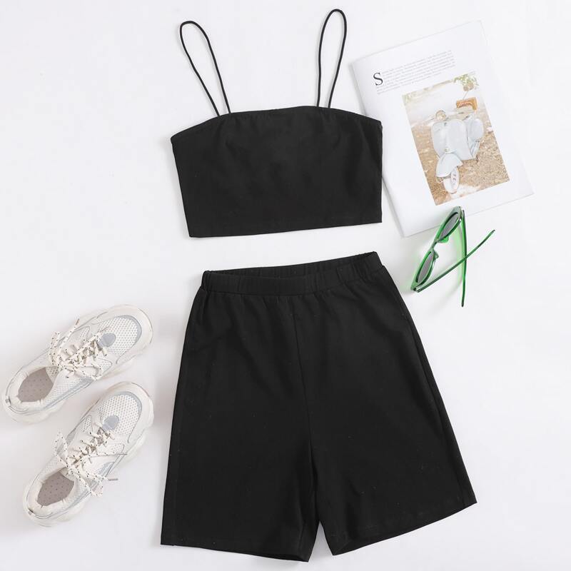 

Cropped Cami Top & High-Rise Biker Shorts Set, Black