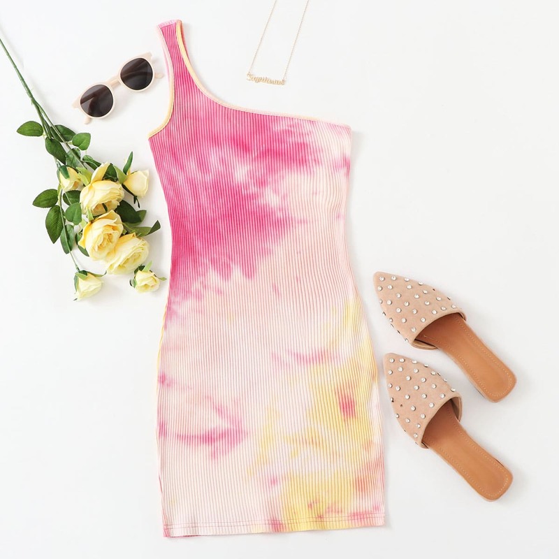 

One Shoulder Tie Dye Bodycon Dress, Multicolor
